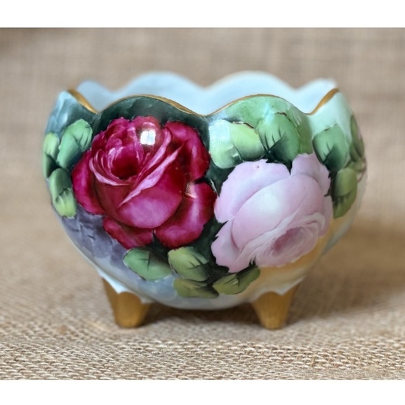 Vintage Other - Vintage Hand Painted Floral Pedestal Bowl Candy Dish Planter Gold Trim Elegant